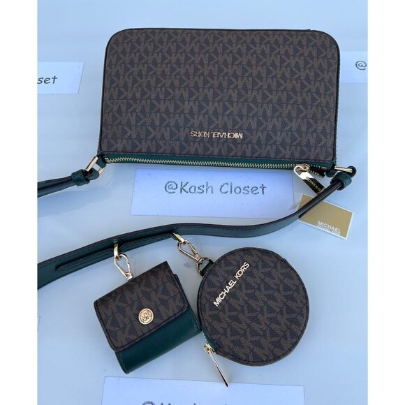 Michael Kors crossbody tech attach coin airpod case MK signature racing green - Picture 1 of 4